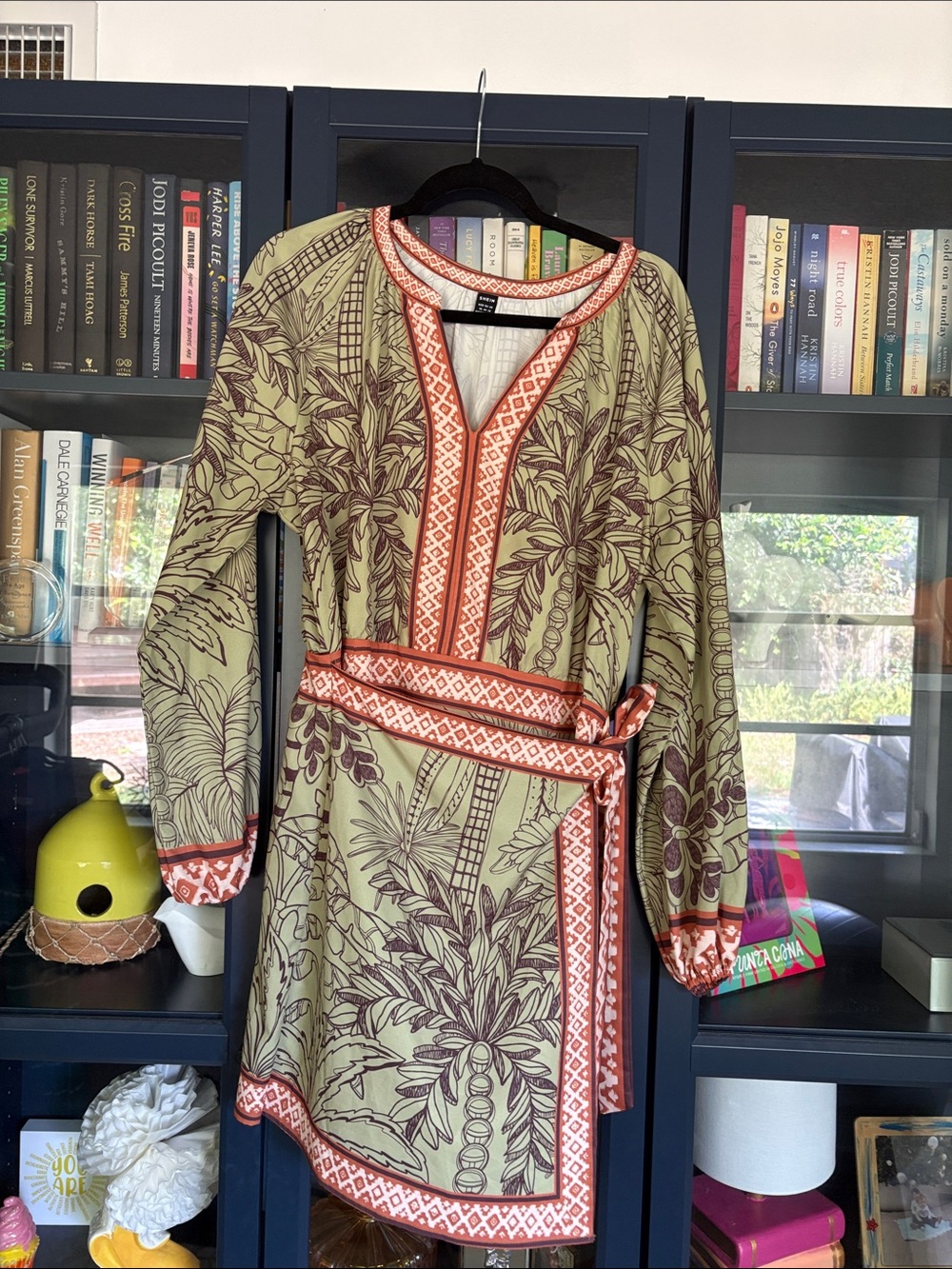 SHEIN Olive Palm-Print Faux Wrap Dress with Rust Trim